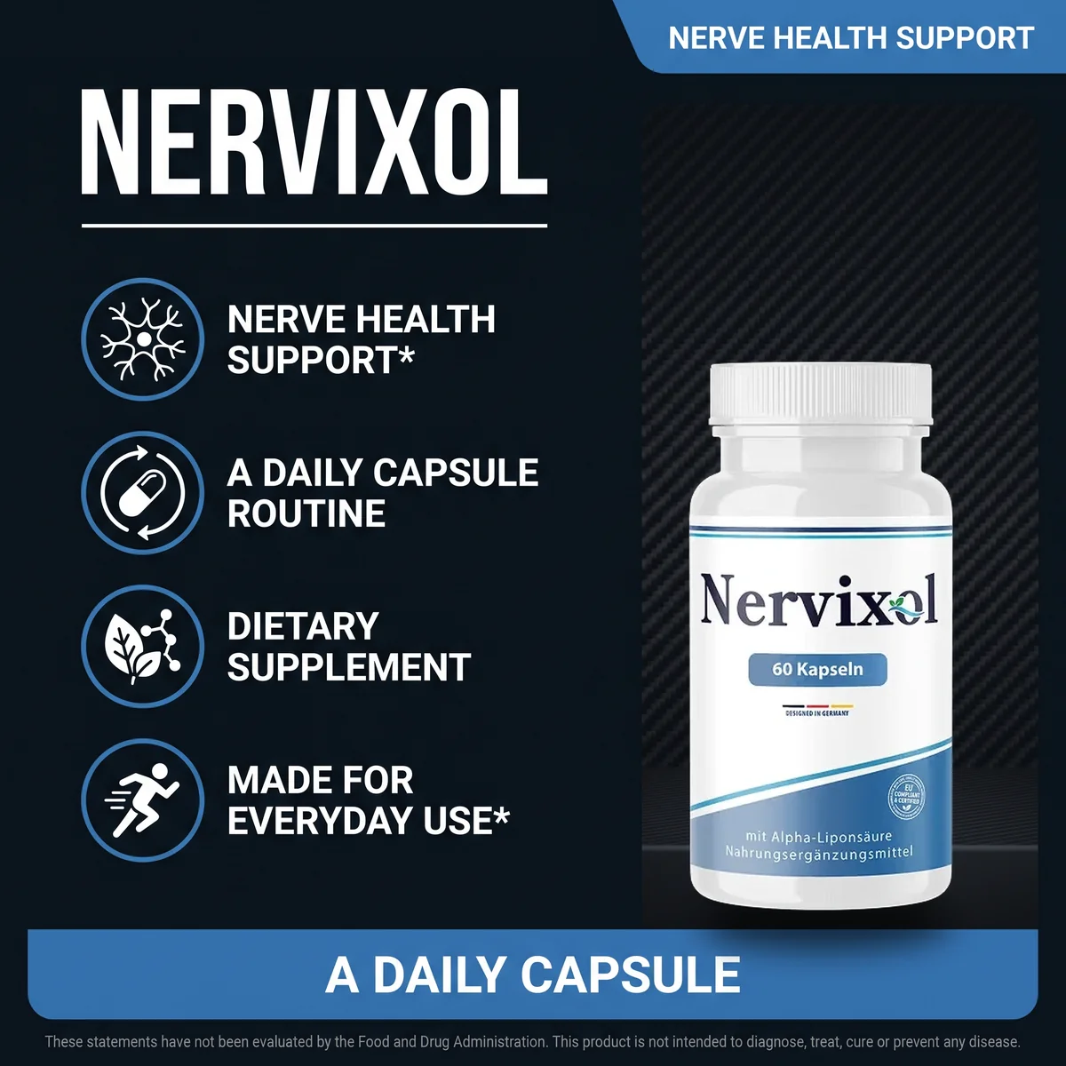 Nervixol nerve health support — a daily capsule, dietary supplement, made for everyday use